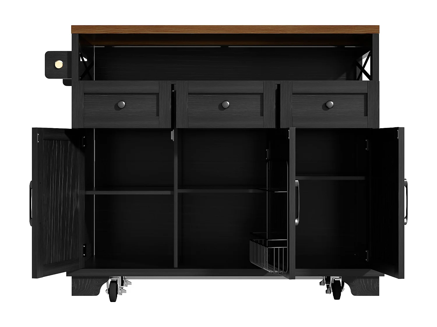 Desserte de cuisine noire (118×43×98 cm), avec roulettes, plateau bois, rangements modulables et porte-serviette