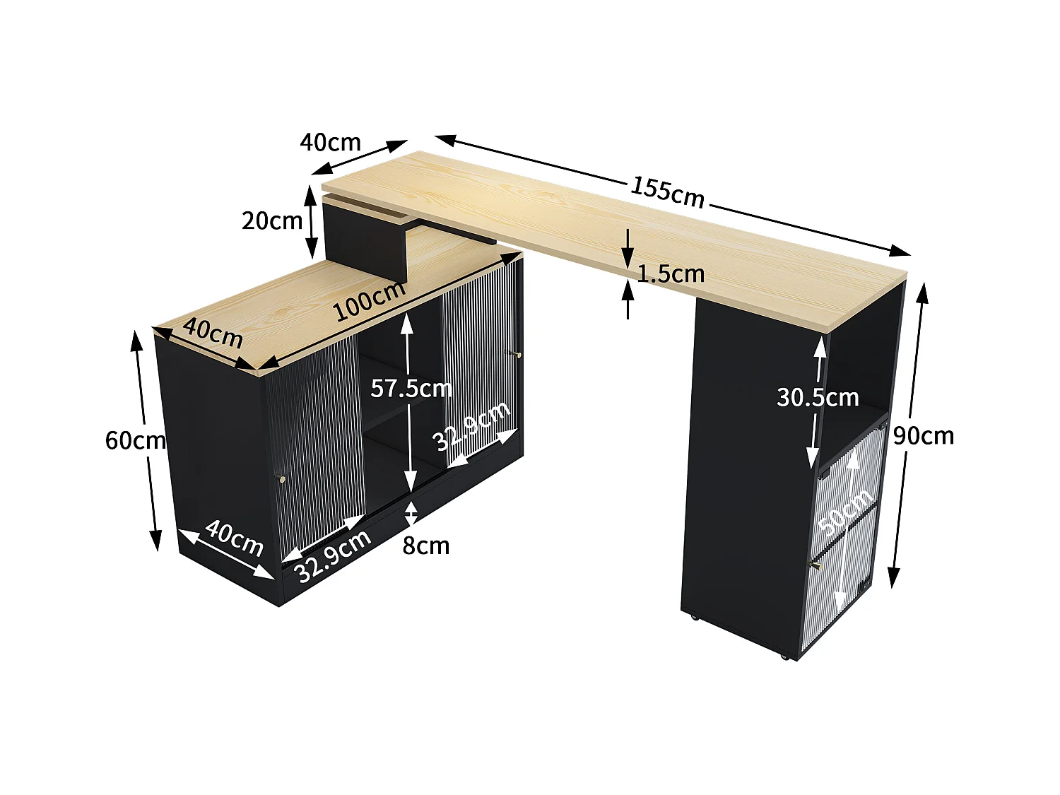 Buffet de Cuisine(155x100x90cm) Extensible 3-en-1 avec Rangements et Roulettes - noir