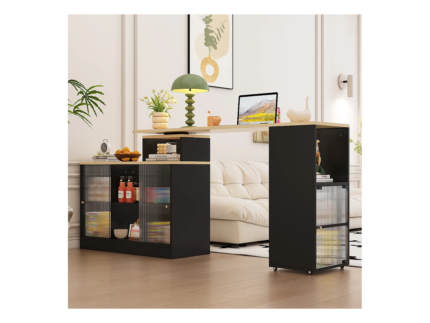 Buffet de Cuisine(155x100x90cm) Extensible 3-en-1 avec Rangements et Roulettes - noir