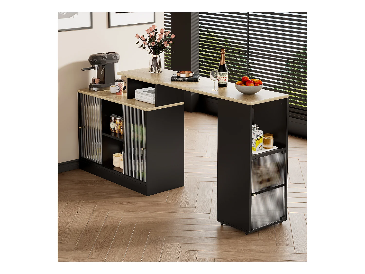 Buffet de Cuisine(155x100x90cm) Extensible 3-en-1 avec Rangements et Roulettes - noir
