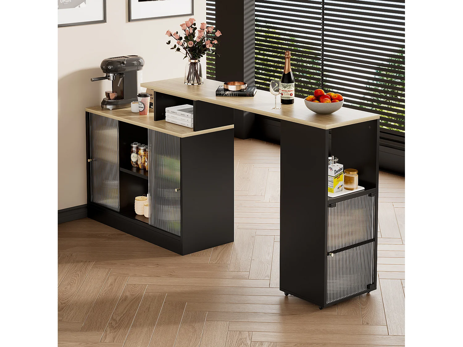 Buffet de Cuisine(155x100x90cm) Extensible 3-en-1 avec Rangements et Roulettes - noir
