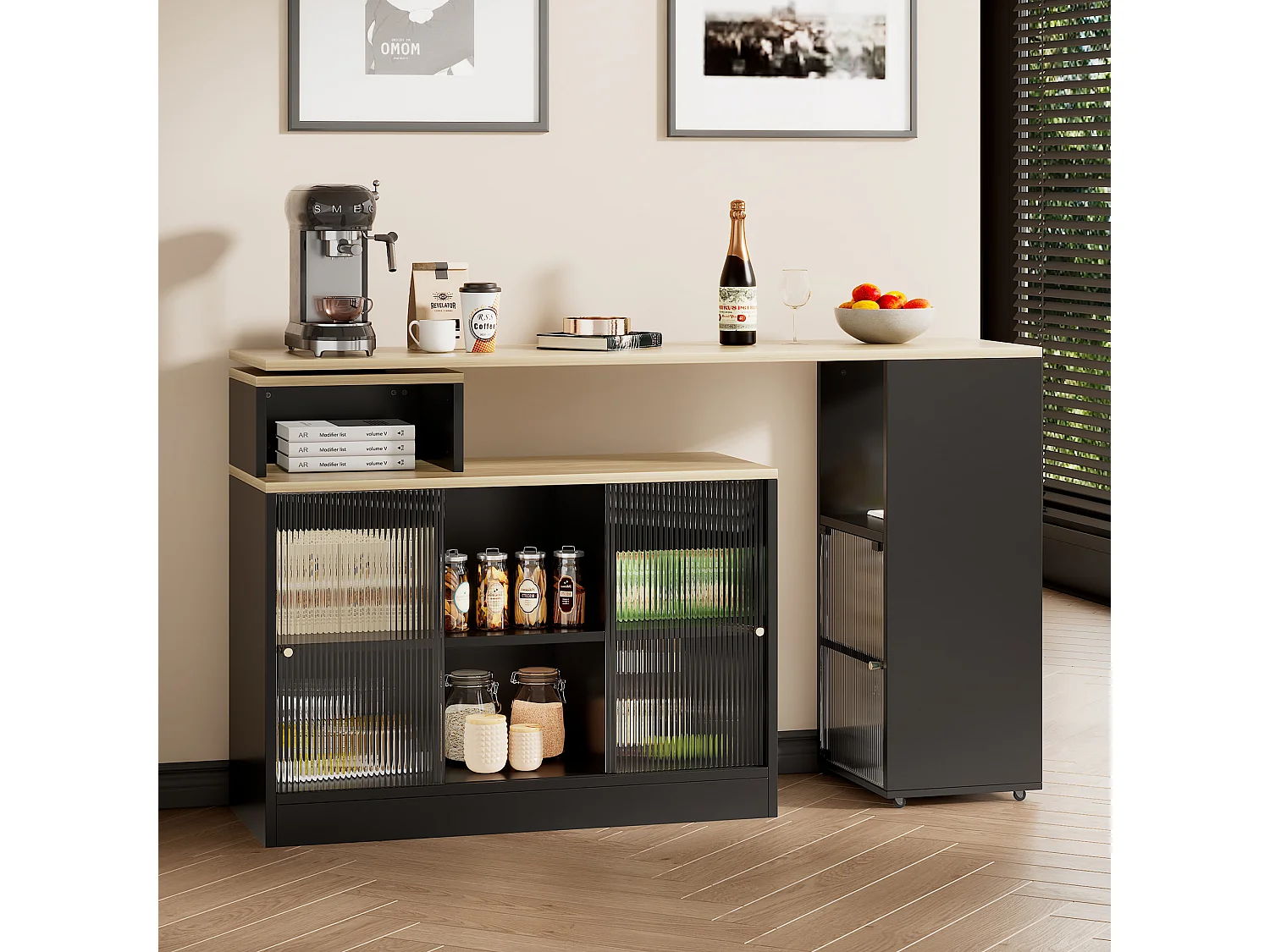 Buffet de Cuisine(155x100x90cm) Extensible 3-en-1 avec Rangements et Roulettes - noir