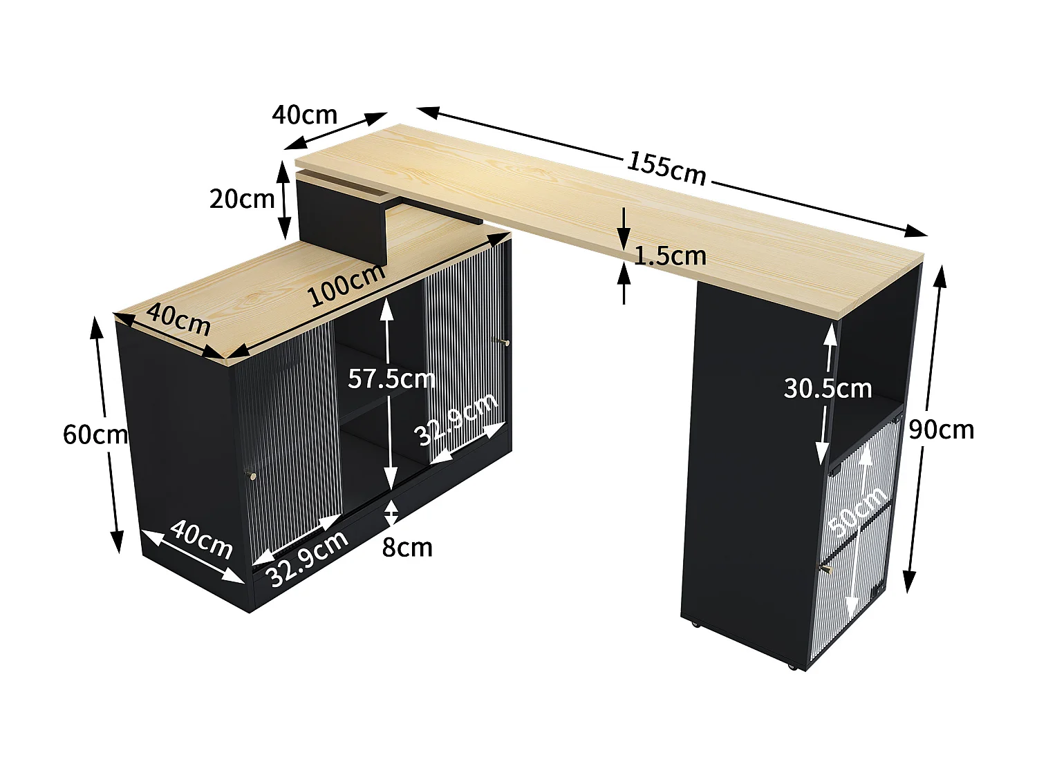 Buffet de Cuisine(155x100x90cm) Extensible 3-en-1 avec Rangements et Roulettes - noir