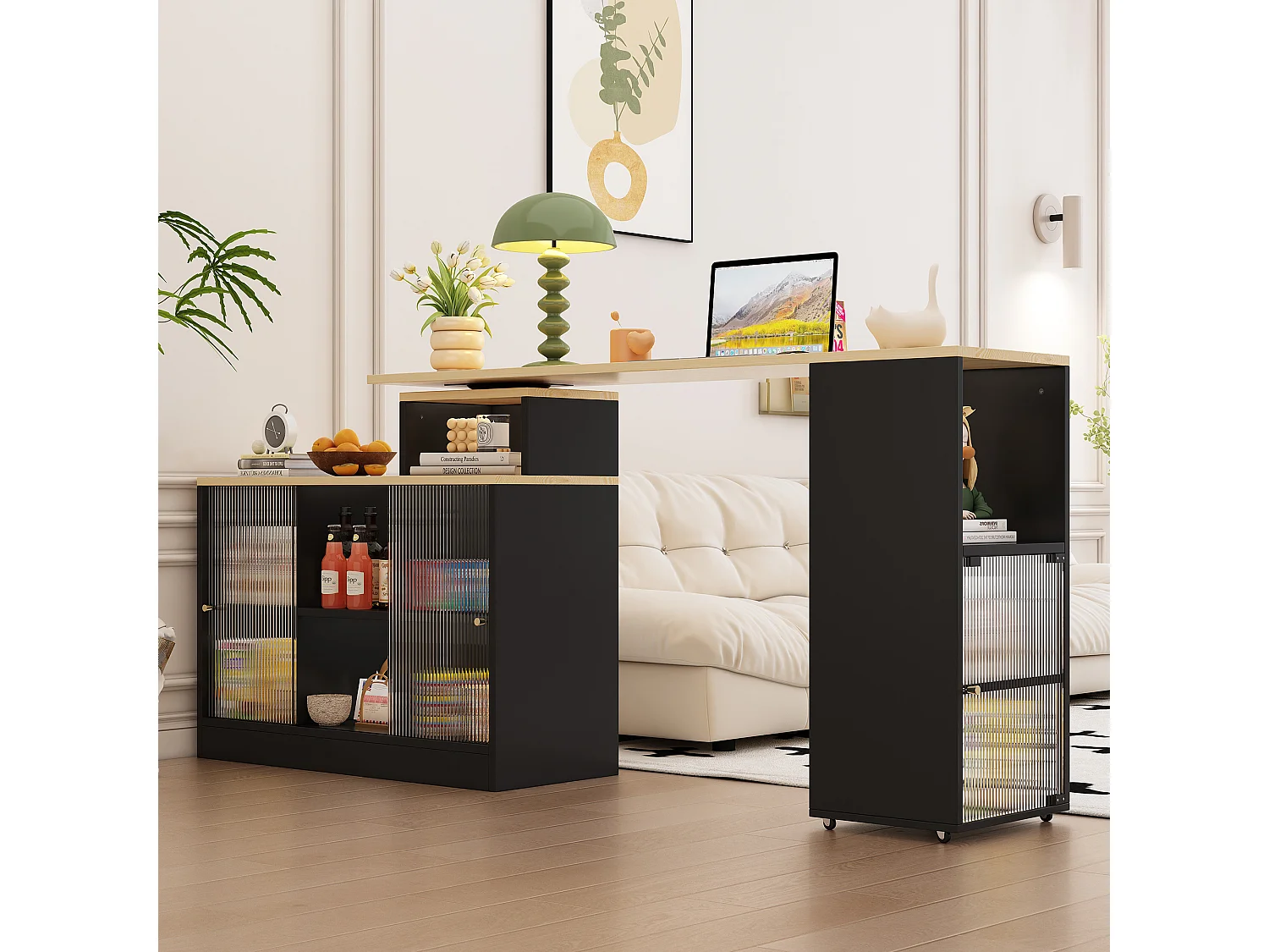 Buffet de Cuisine(155x100x90cm) Extensible 3-en-1 avec Rangements et Roulettes - noir