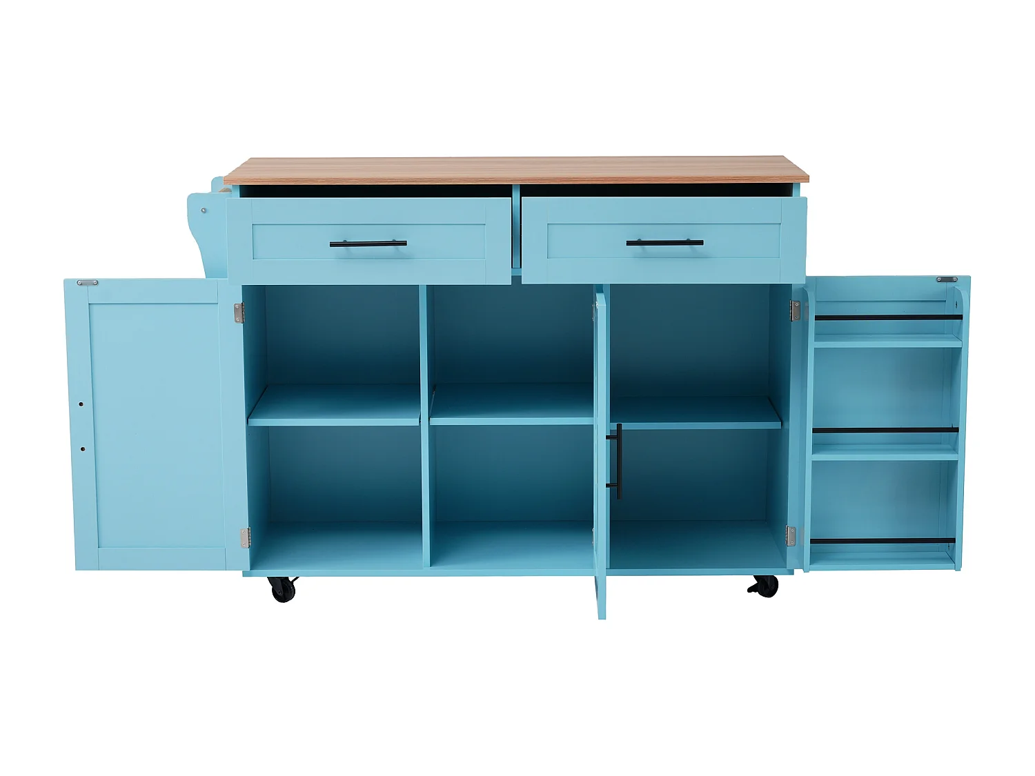 Desserte de cuisine (120x71x91.5cm)extensible avec roulettes, rangements modulables et plateau rabattable - bleu