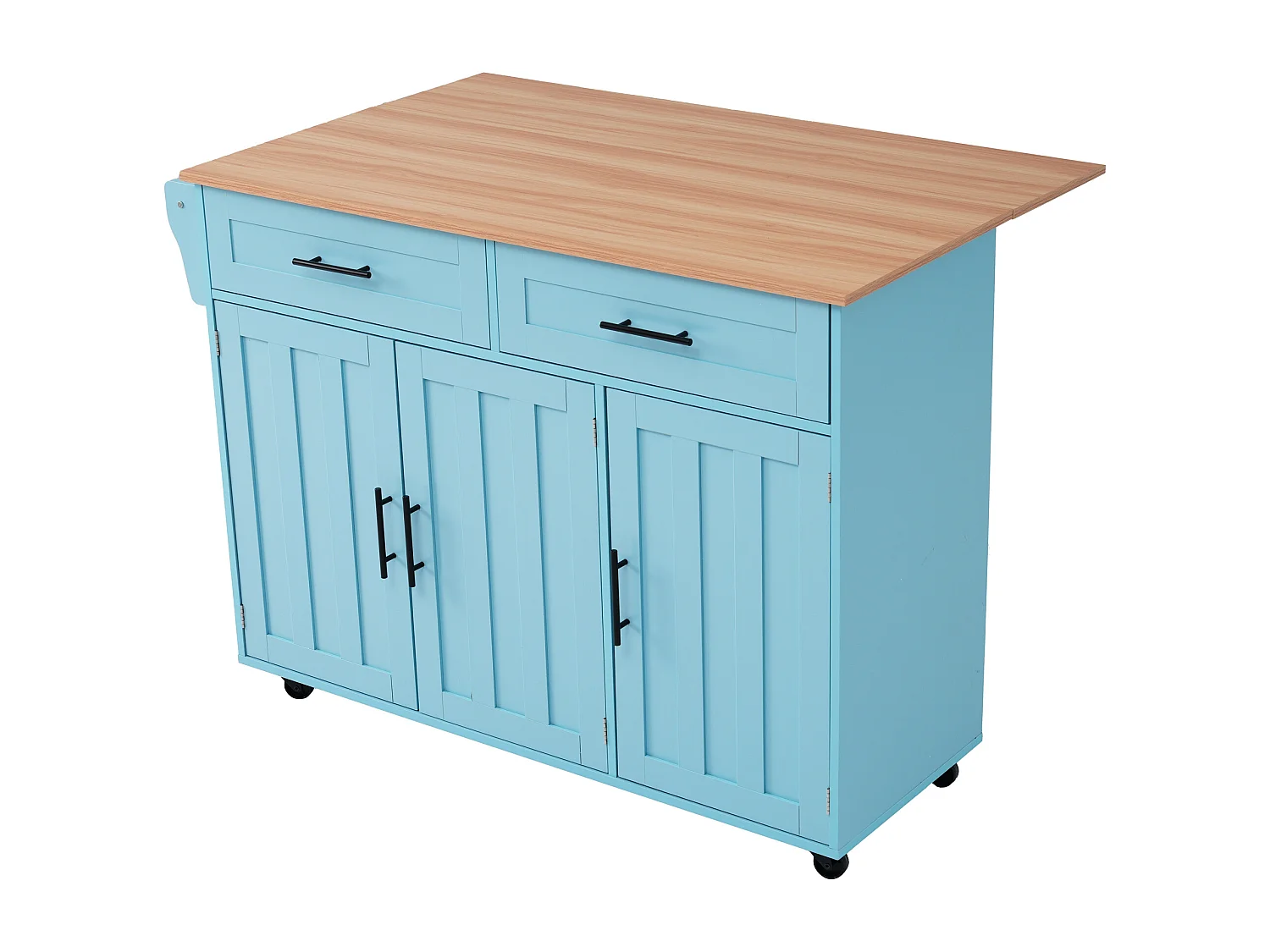 Desserte de cuisine (120x71x91.5cm)extensible avec roulettes, rangements modulables et plateau rabattable - bleu