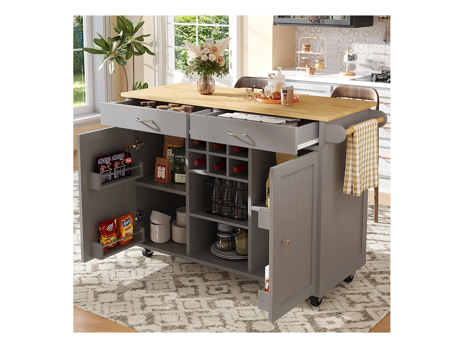 Desserte de cuisine avec îlot, plateau en MDF bois, porte-bouteilles amovible, rangement flexible et roulettes, blanc