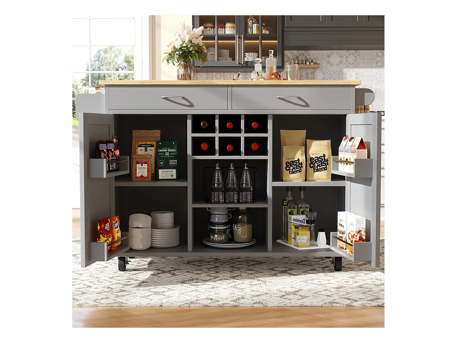 Desserte de cuisine avec îlot, plateau en MDF bois, porte-bouteilles amovible, rangement flexible et roulettes, blanc