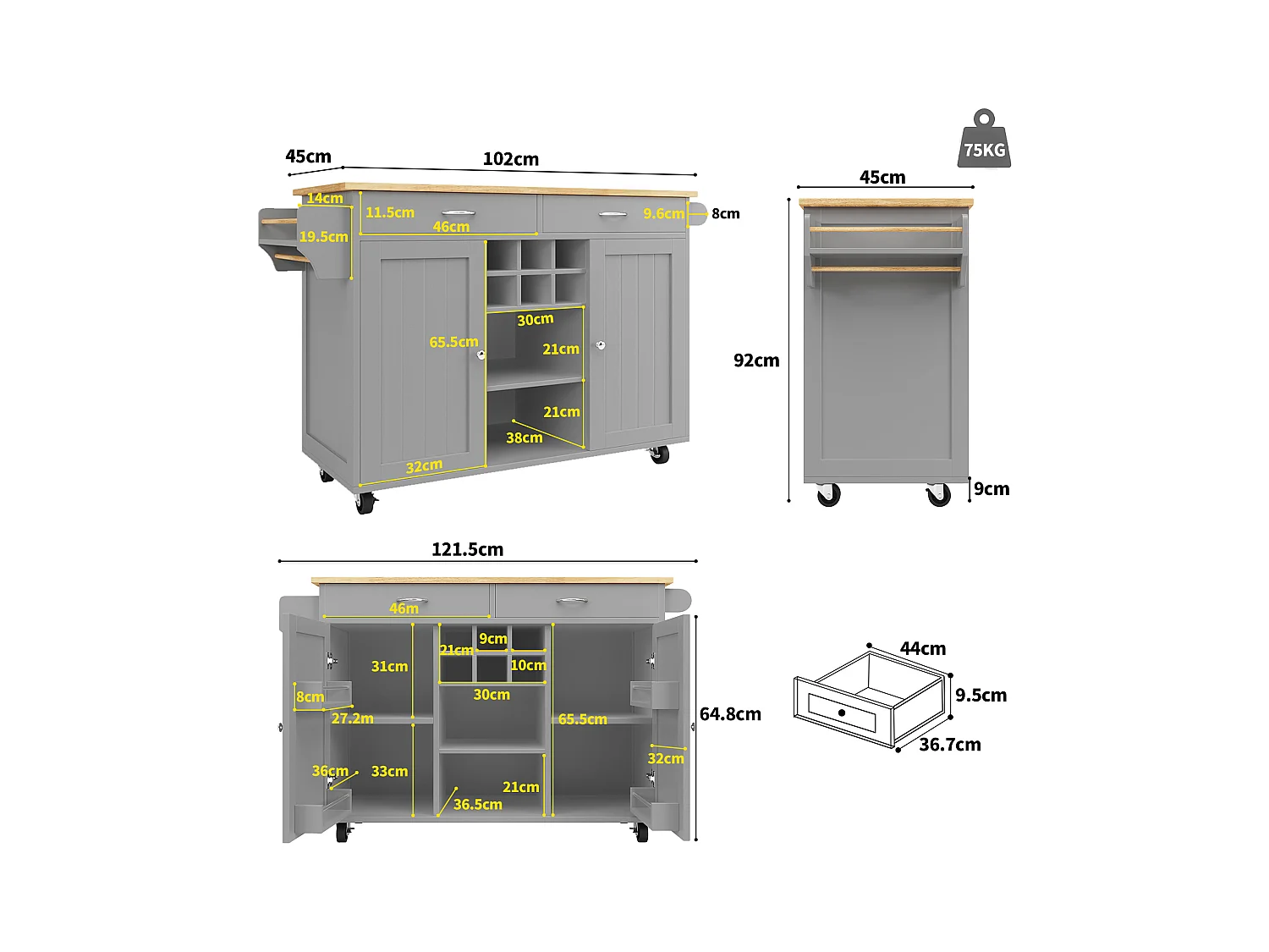 Desserte de cuisine avec îlot, plateau en MDF bois, porte-bouteilles amovible, rangement flexible et roulettes, blanc