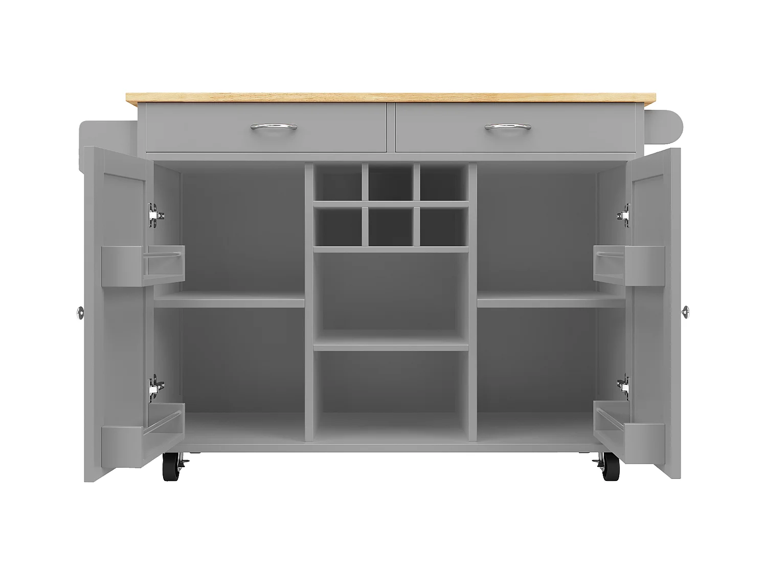 Desserte de cuisine avec îlot, plateau en MDF bois, porte-bouteilles amovible, rangement flexible et roulettes, blanc