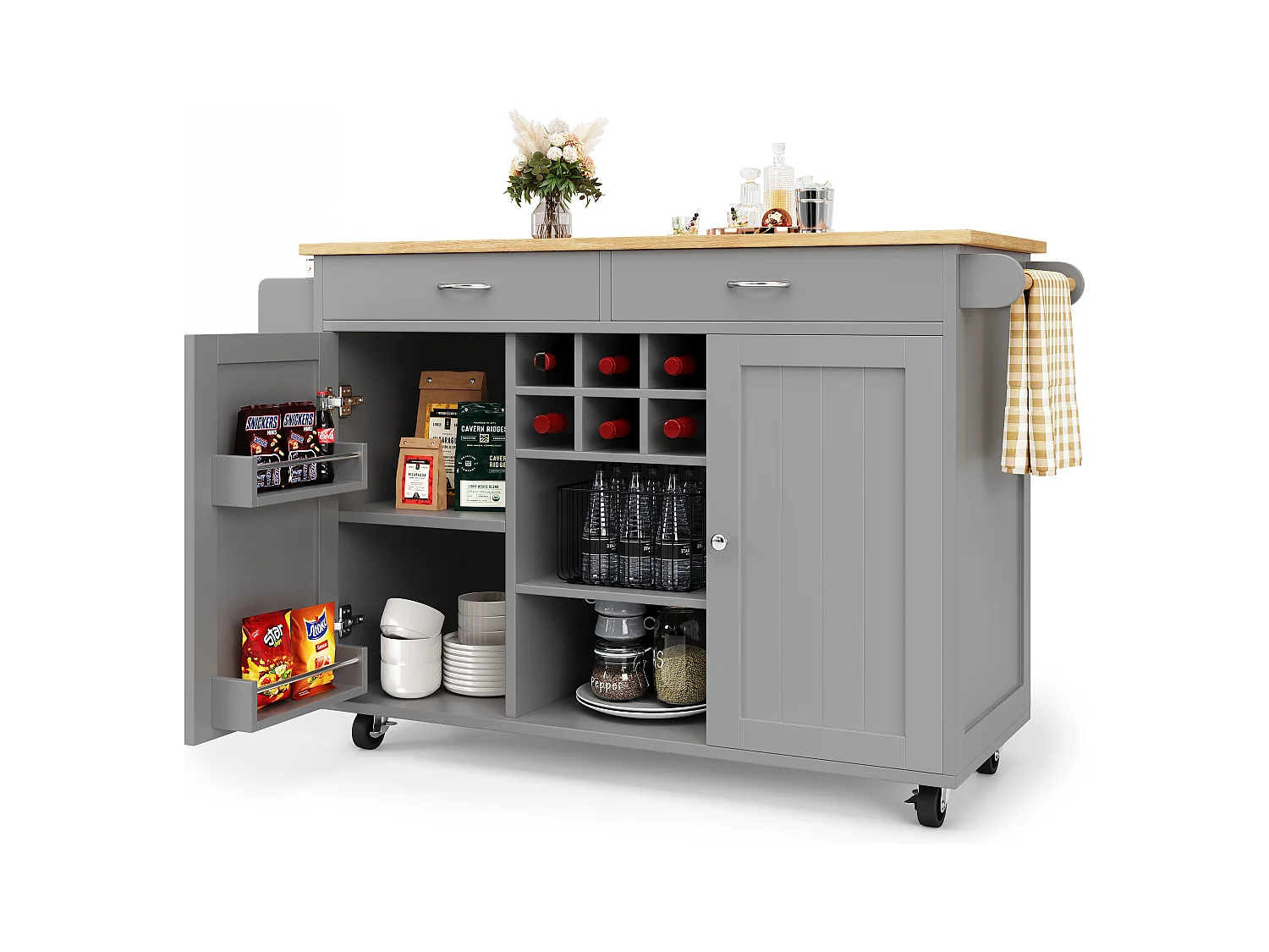 Desserte de cuisine avec îlot, plateau en MDF bois, porte-bouteilles amovible, rangement flexible et roulettes, blanc