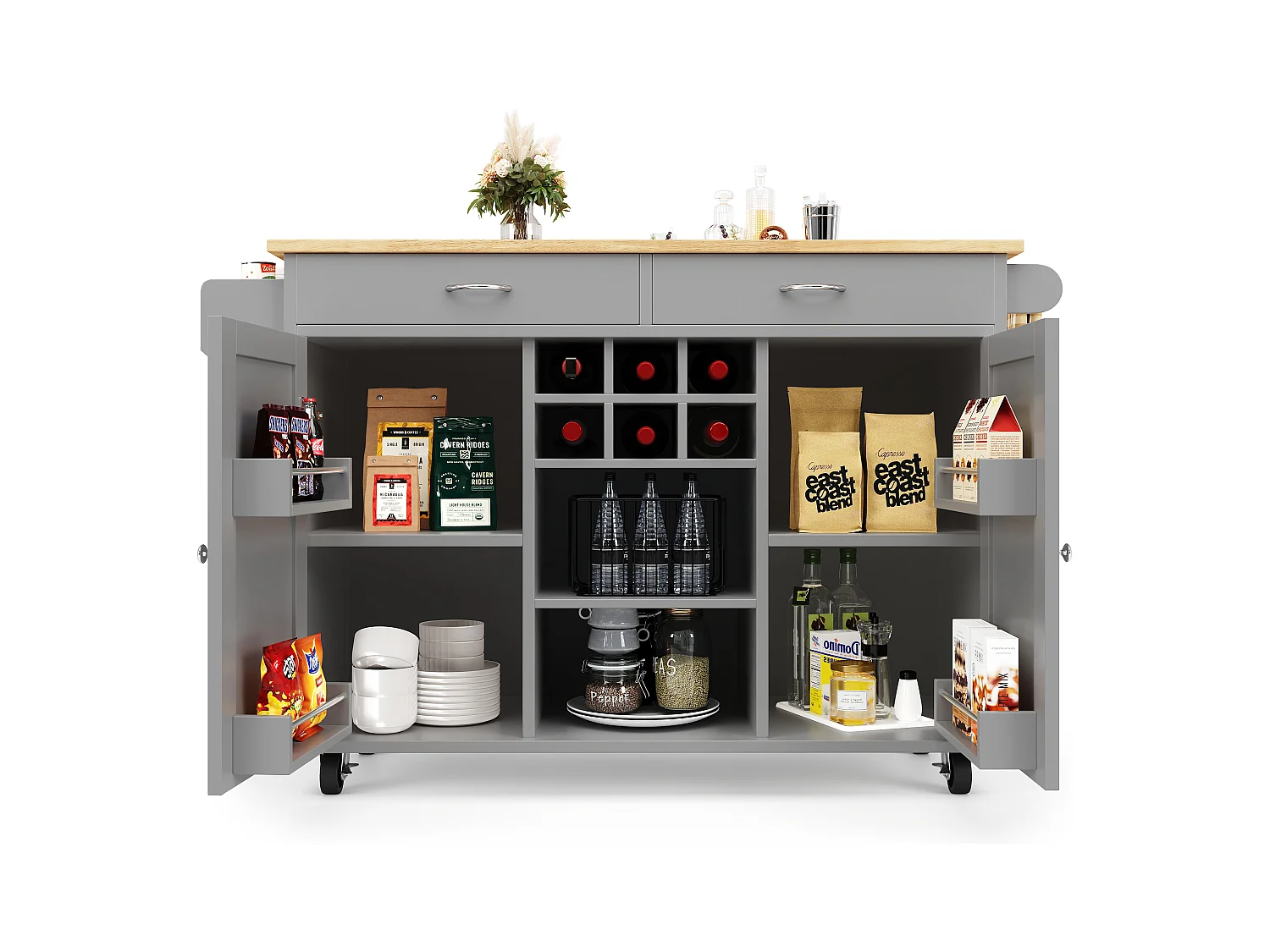 Desserte de cuisine avec îlot, plateau en MDF bois, porte-bouteilles amovible, rangement flexible et roulettes, blanc
