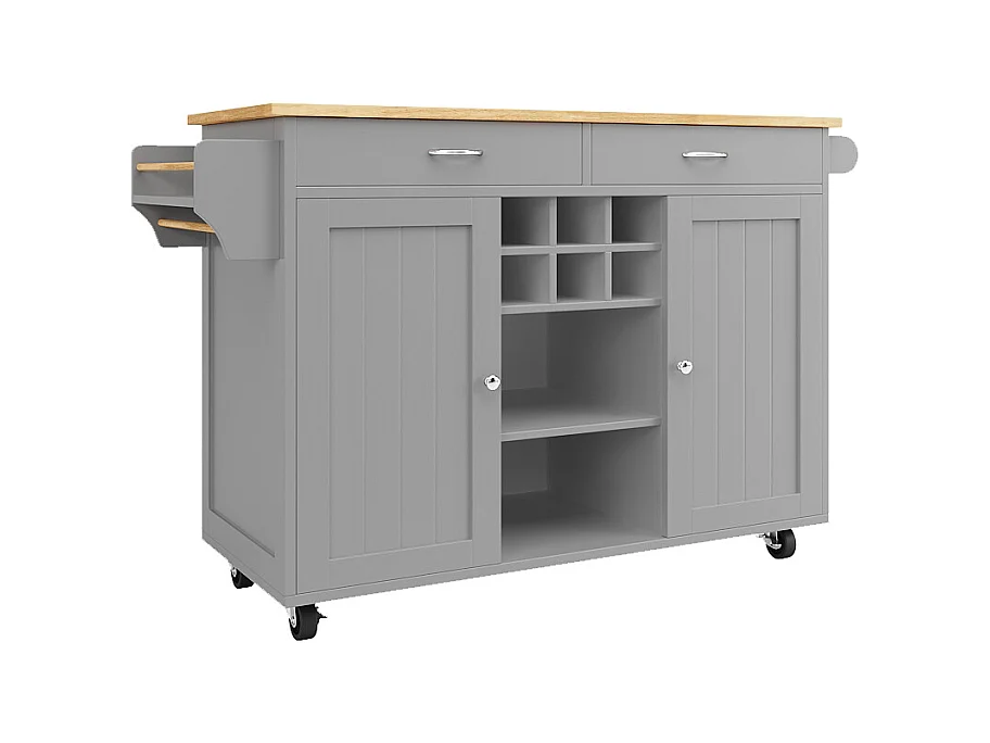 Desserte de cuisine avec îlot, plateau en MDF bois, porte-bouteilles amovible, rangement flexible et roulettes, blanc