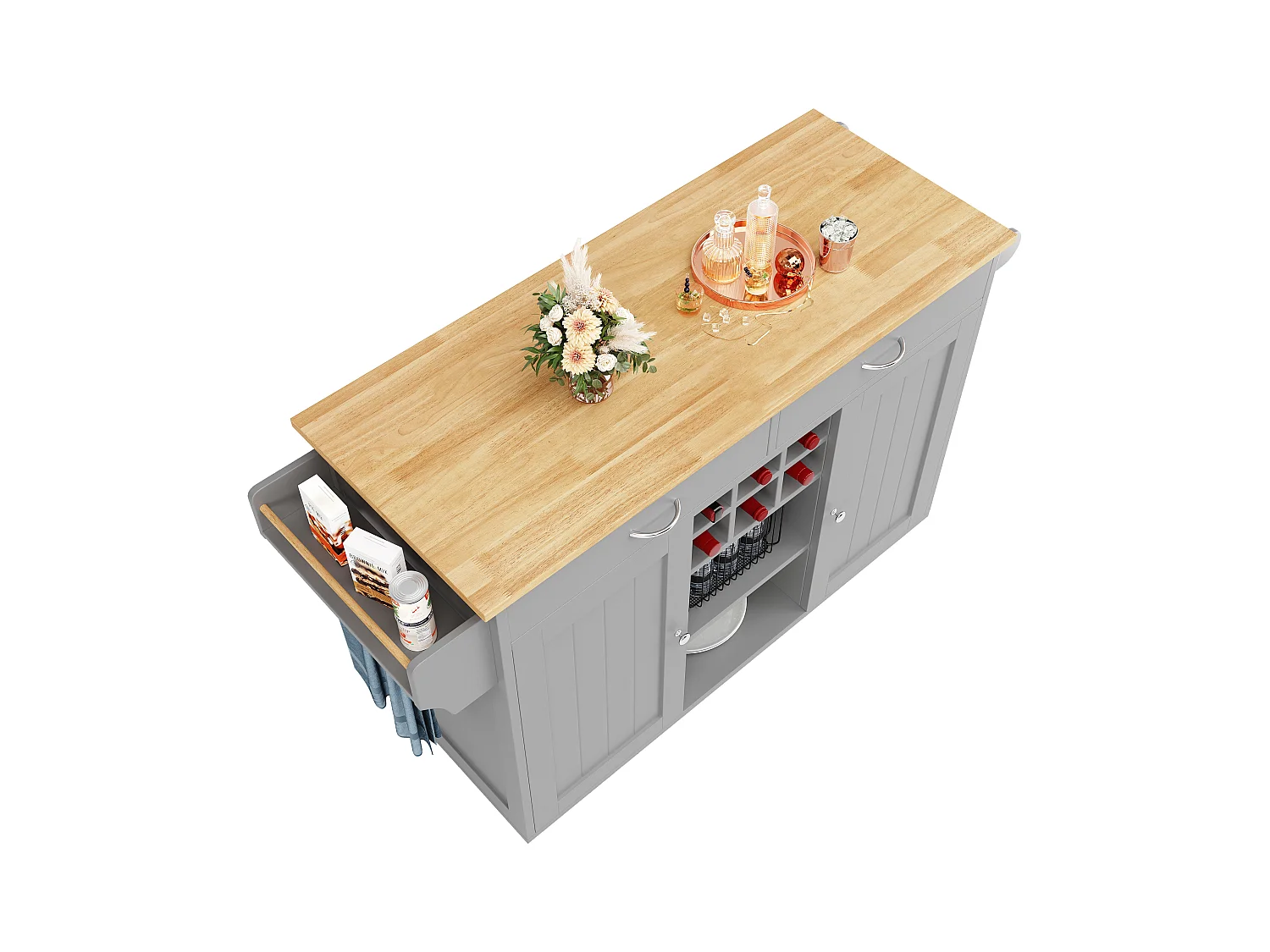 Desserte de cuisine avec îlot, plateau en MDF bois, porte-bouteilles amovible, rangement flexible et roulettes, blanc