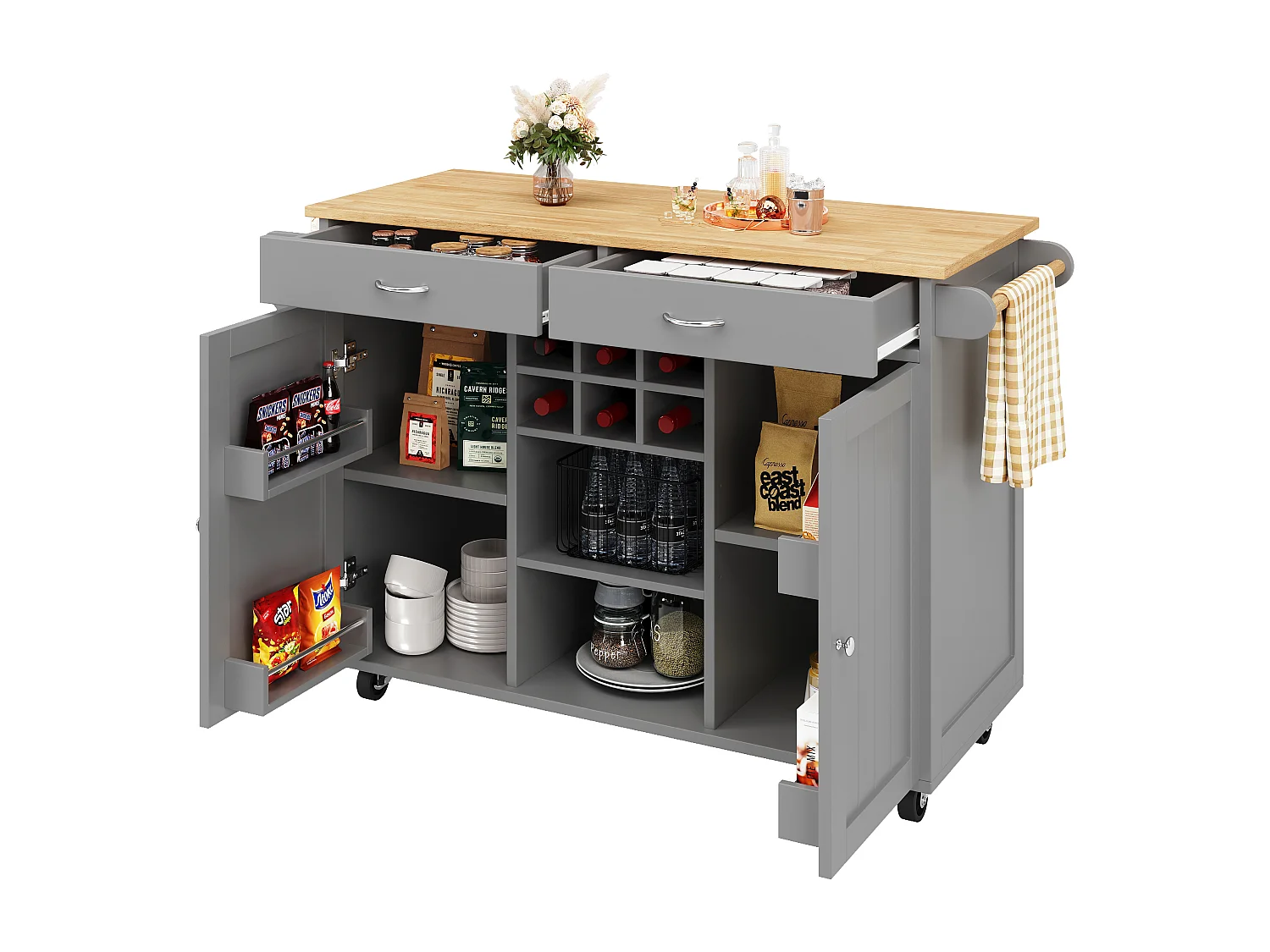 Desserte de cuisine avec îlot, plateau en MDF bois, porte-bouteilles amovible, rangement flexible et roulettes, blanc