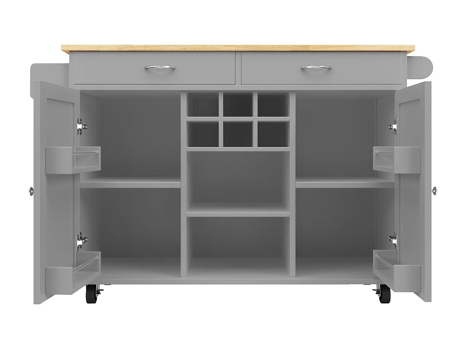 Desserte de cuisine avec îlot, plateau en MDF bois, porte-bouteilles amovible, rangement flexible et roulettes, blanc