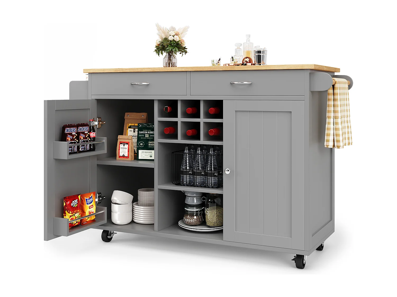 Desserte de cuisine avec îlot, plateau en MDF bois, porte-bouteilles amovible, rangement flexible et roulettes, blanc