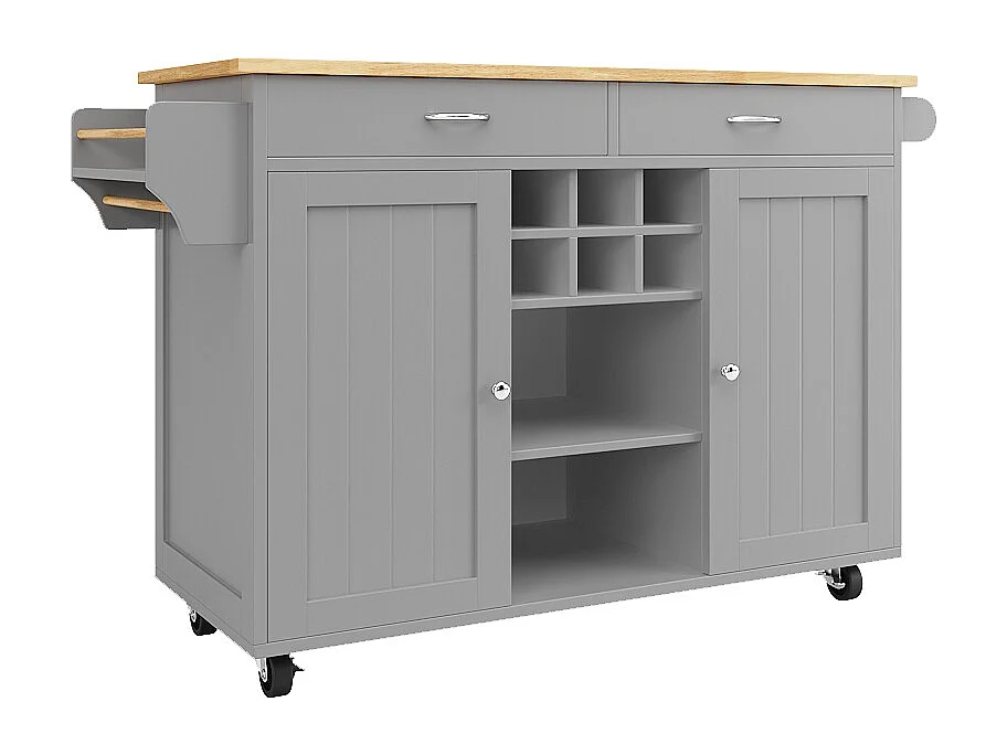 Desserte de cuisine avec îlot, plateau en MDF bois, porte-bouteilles amovible, rangement flexible et roulettes, blanc