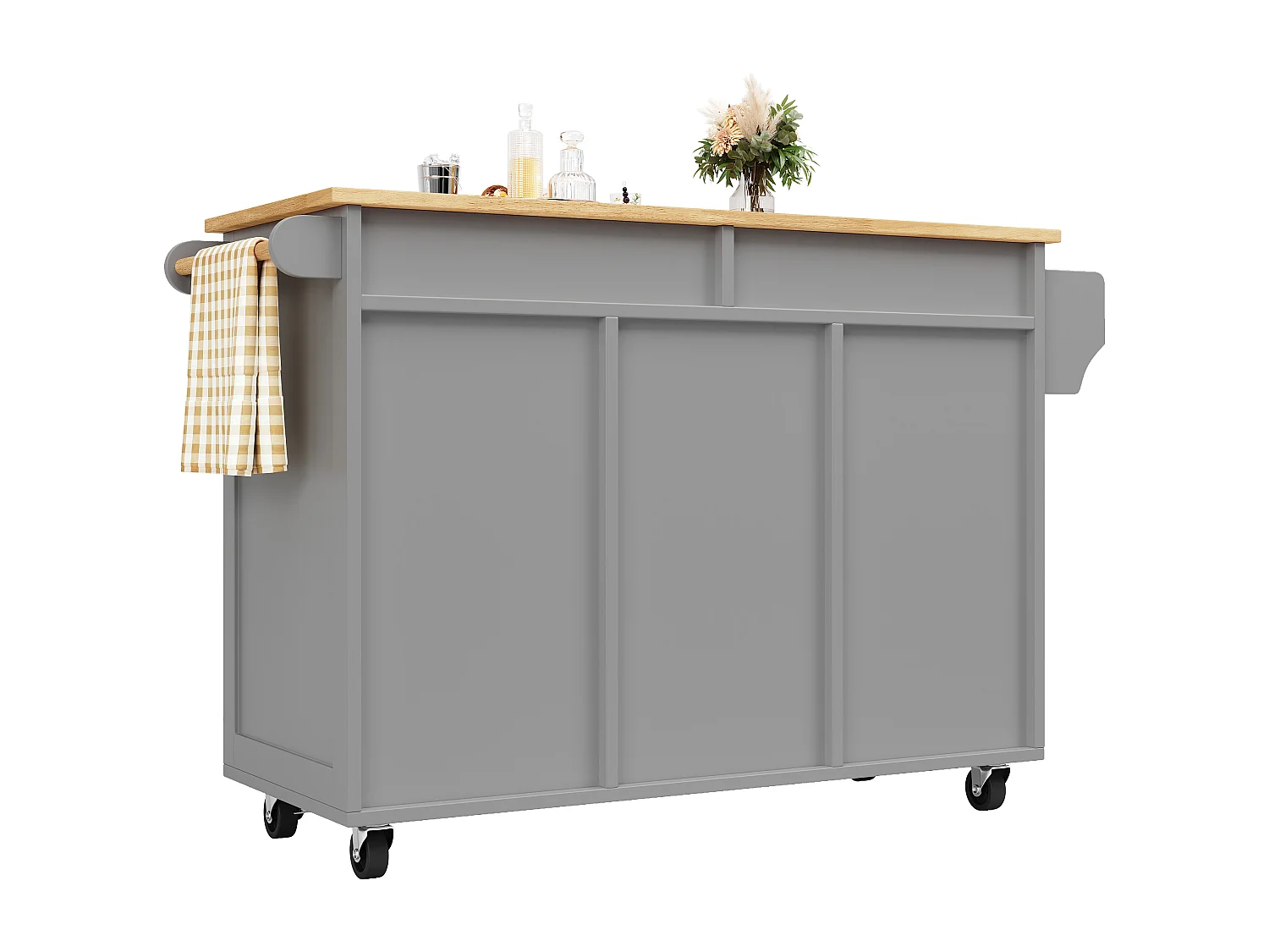 Desserte de cuisine avec îlot, plateau en MDF bois, porte-bouteilles amovible, rangement flexible et roulettes, blanc