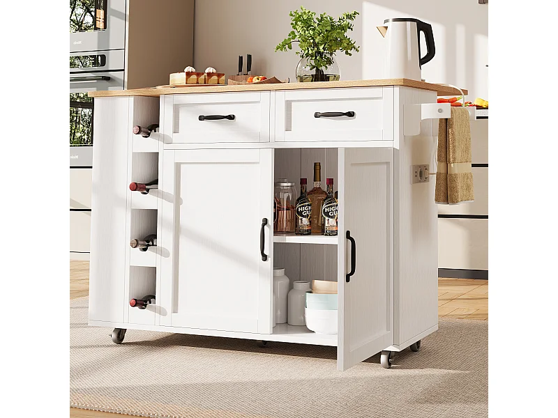 Desserte de cuisine (131.5x76x90.7cm)pliante avec prises intégrées, rangements et table escamotable - blanc