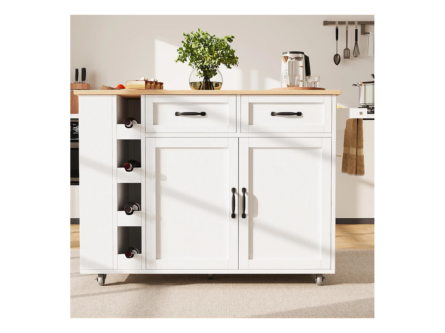 Desserte de cuisine (131.5x76x90.7cm)pliante avec prises intégrées, rangements et table escamotable - blanc