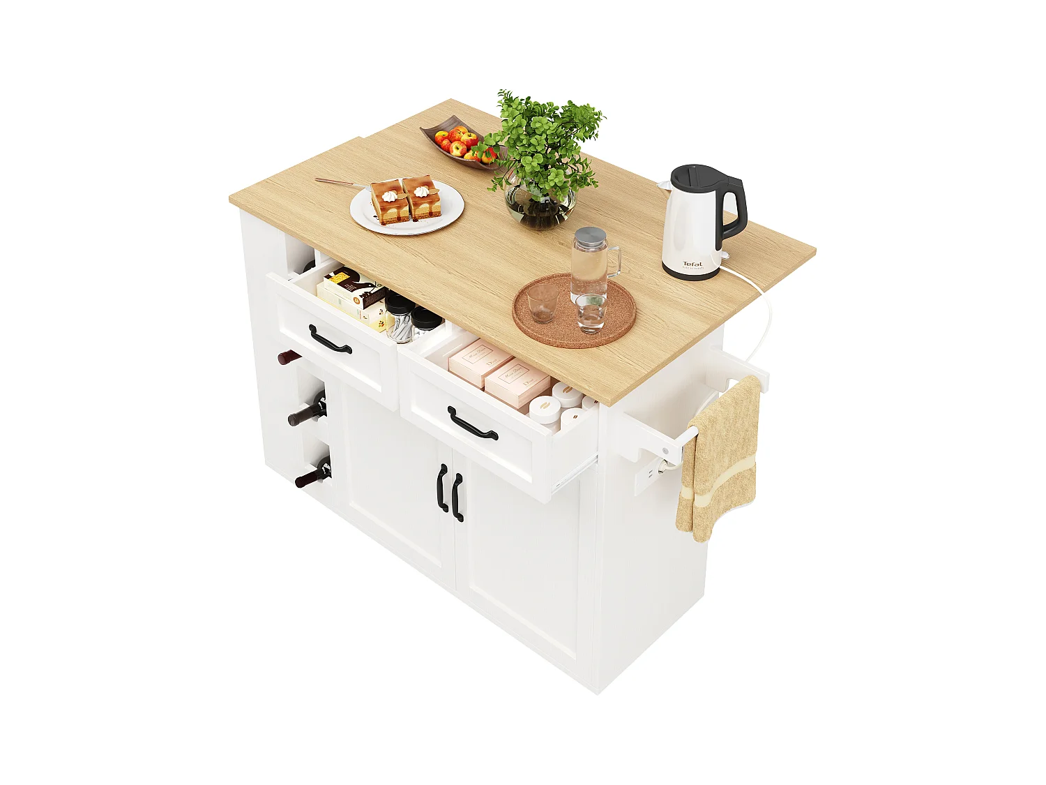 Desserte de cuisine (131.5x76x90.7cm)pliante avec prises intégrées, rangements et table escamotable - blanc