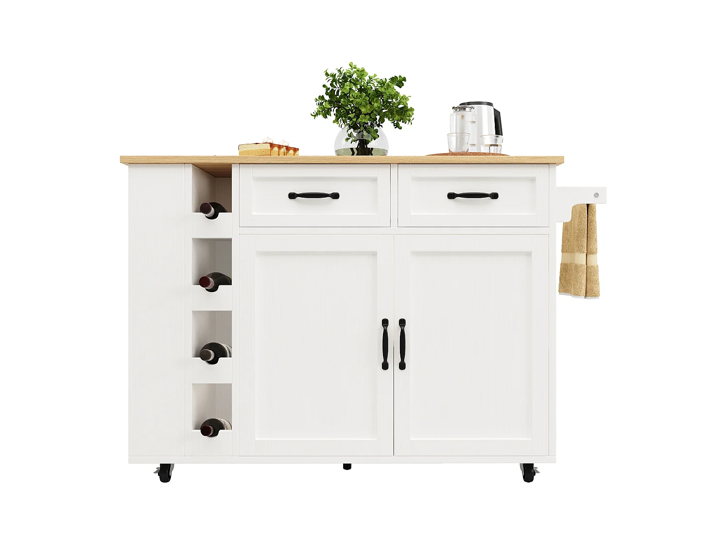 Desserte de cuisine (131.5x76x90.7cm)pliante avec prises intégrées, rangements et table escamotable - blanc