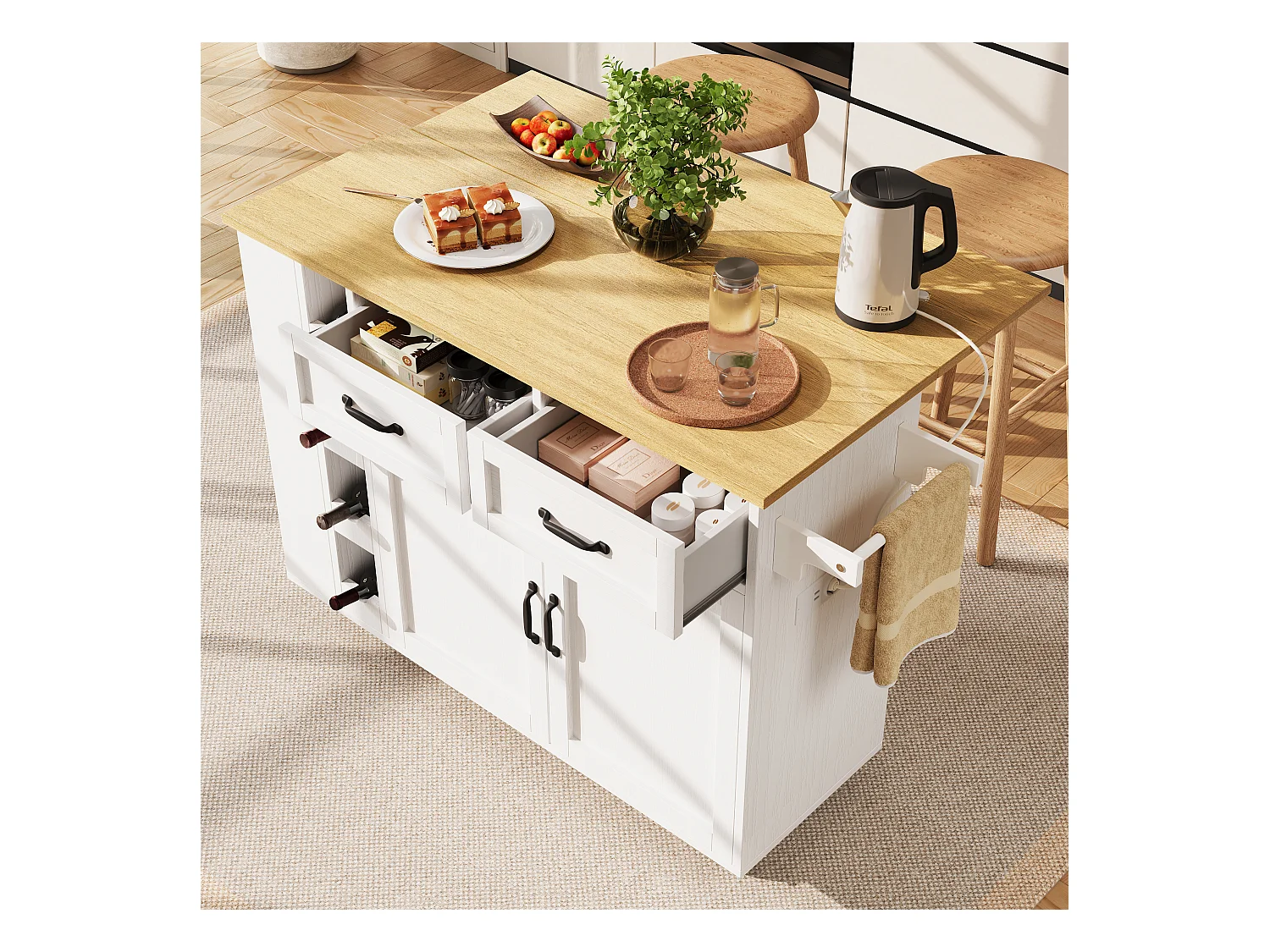 Desserte de cuisine (131.5x76x90.7cm)pliante avec prises intégrées, rangements et table escamotable - blanc