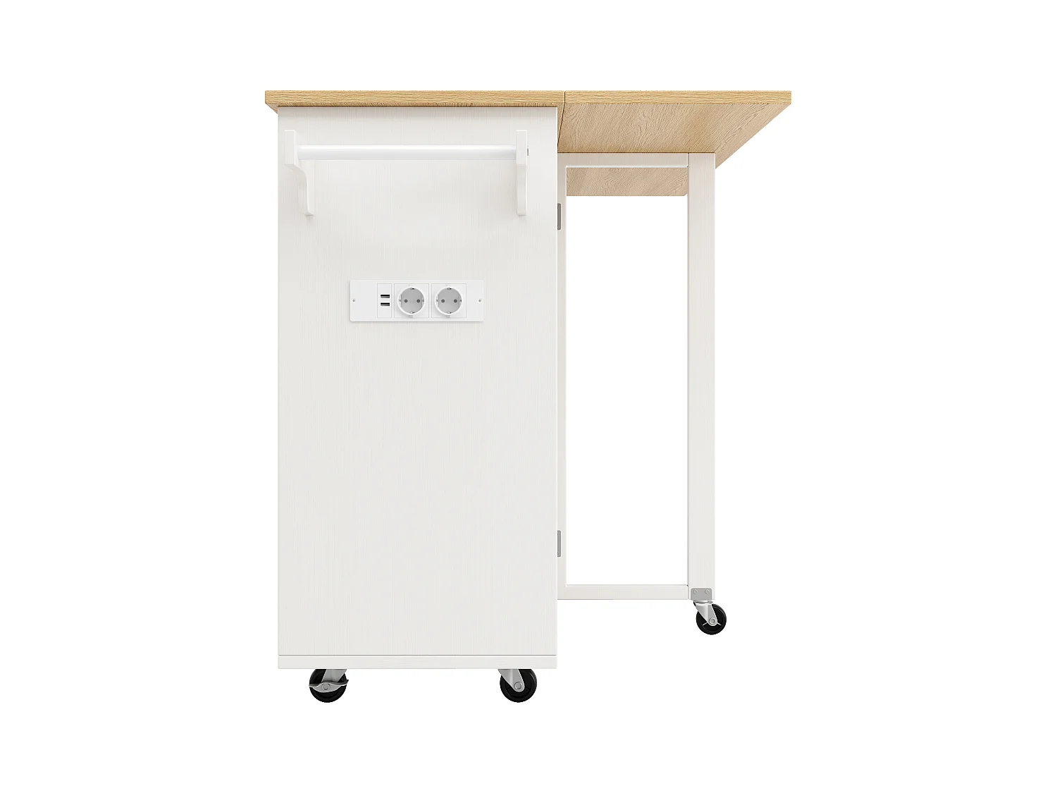 Desserte de cuisine (131.5x76x90.7cm)pliante avec prises intégrées, rangements et table escamotable - blanc