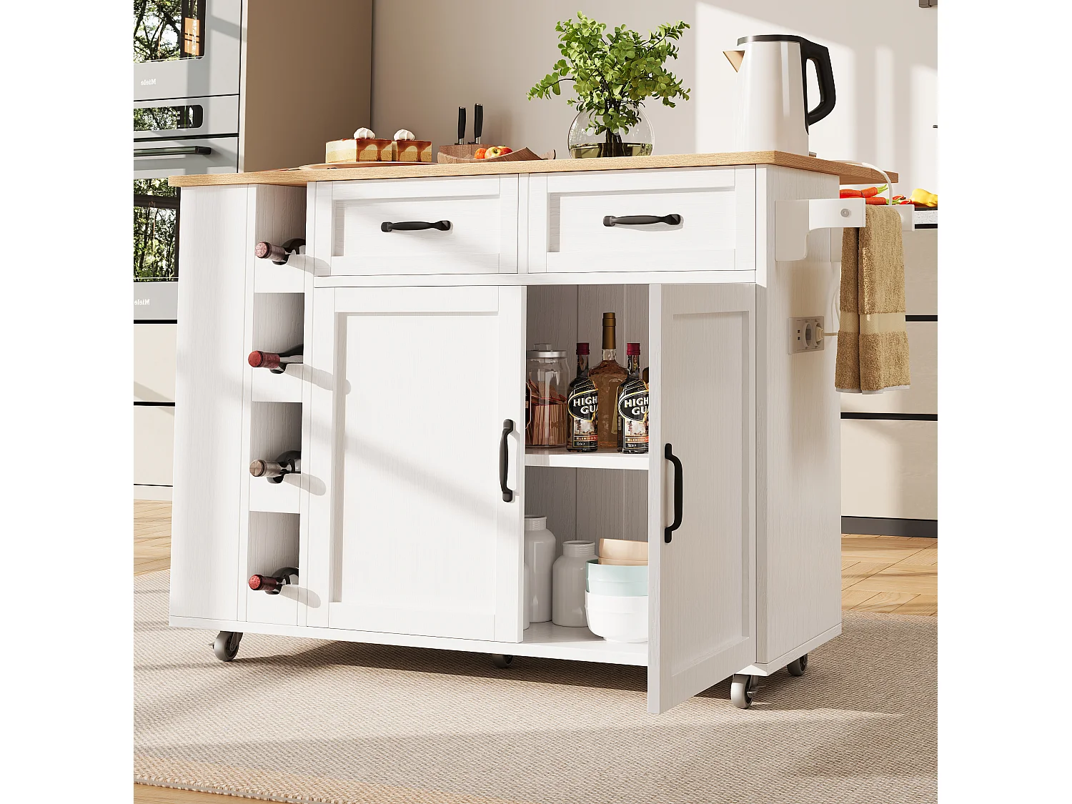 Desserte de cuisine (131.5x76x90.7cm)pliante avec prises intégrées, rangements et table escamotable - blanc