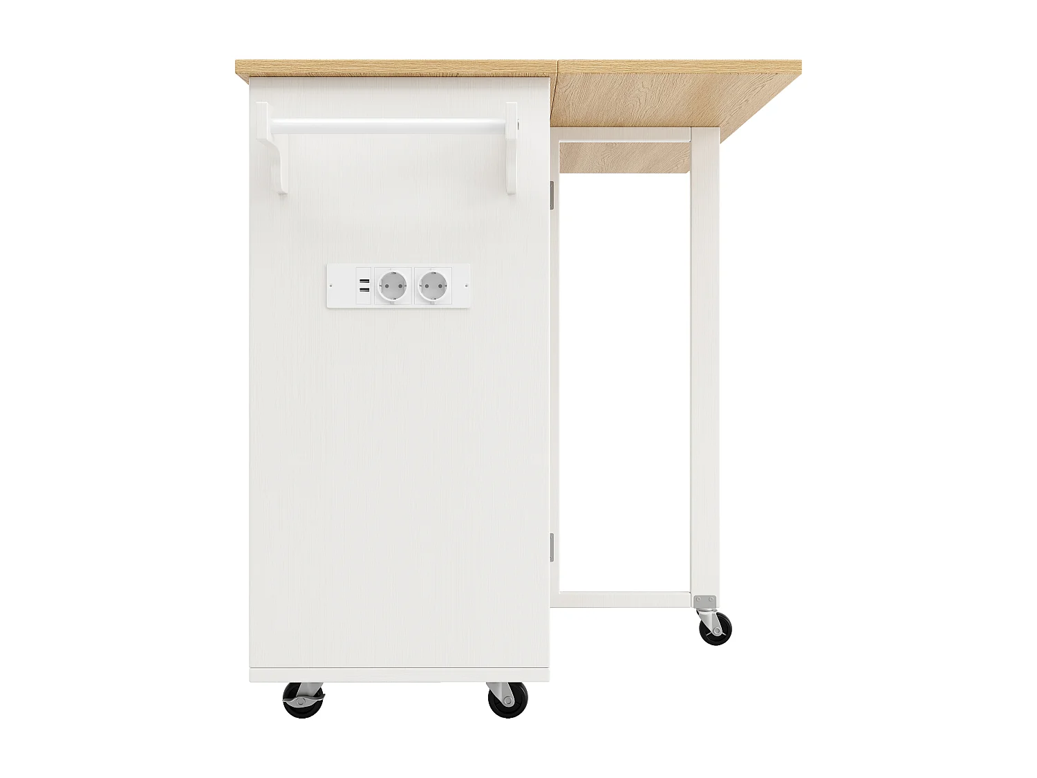 Desserte de cuisine (131.5x76x90.7cm)pliante avec prises intégrées, rangements et table escamotable - blanc