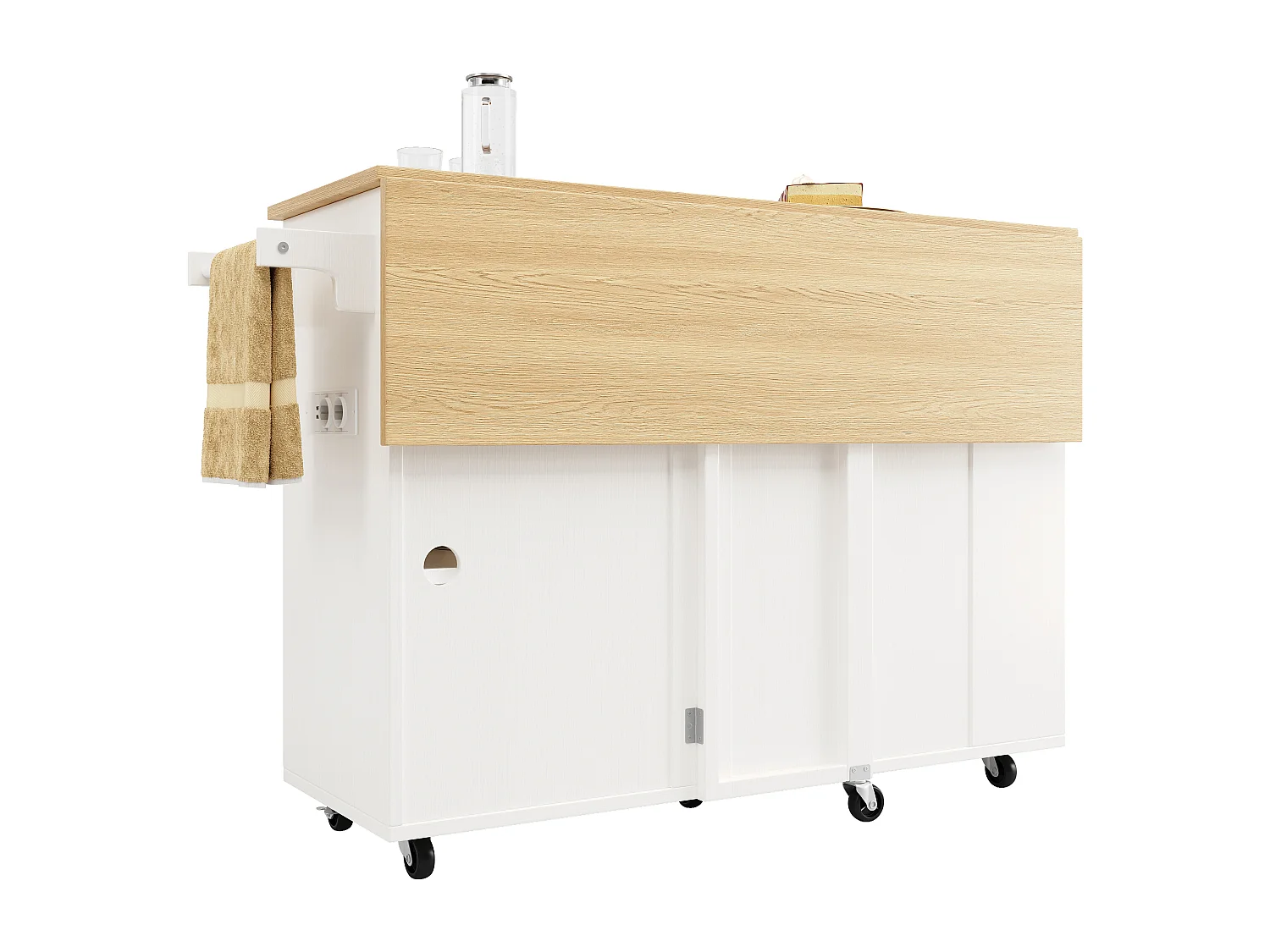 Desserte de cuisine (131.5x76x90.7cm)pliante avec prises intégrées, rangements et table escamotable - blanc