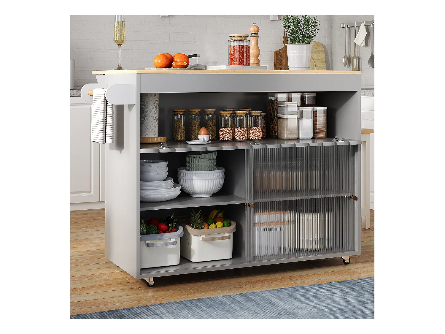 Desserte de cuisine gris avec plateau extensible, 2 portes coulissante en verre trempé et étagères ajustables-122x69x91cm