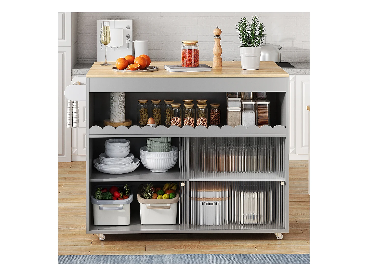 Desserte de cuisine gris avec plateau extensible, 2 portes coulissante en verre trempé et étagères ajustables-122x69x91cm