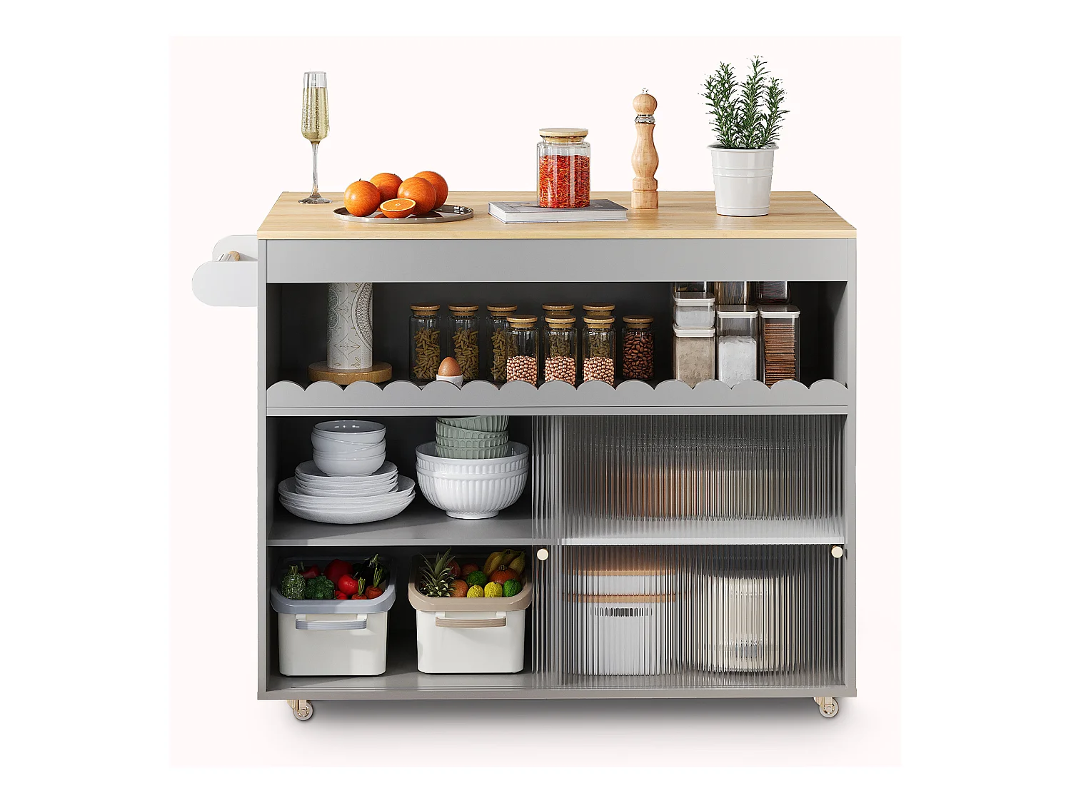 Desserte de cuisine gris avec plateau extensible, 2 portes coulissante en verre trempé et étagères ajustables-122x69x91cm