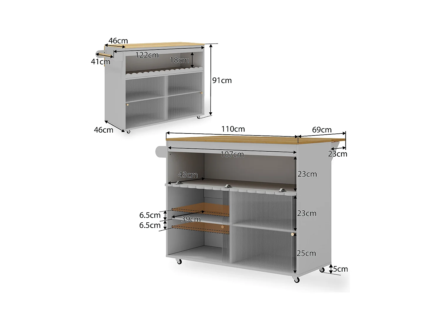 Desserte de cuisine gris avec plateau extensible, 2 portes coulissante en verre trempé et étagères ajustables-122x69x91cm
