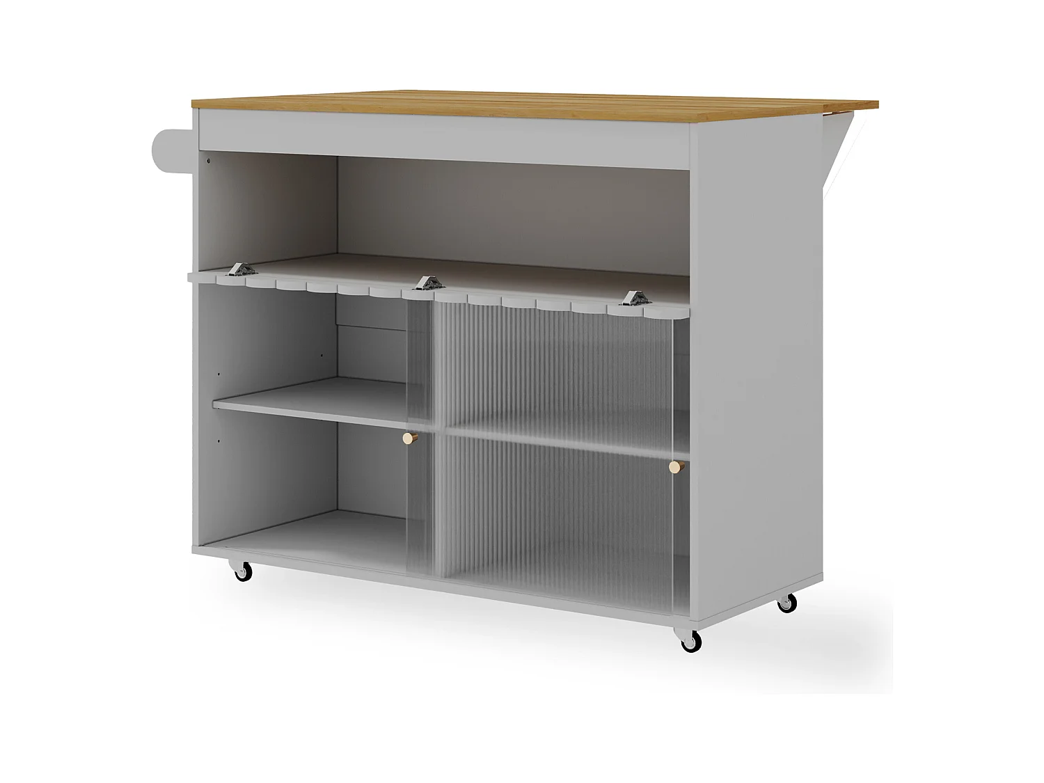 Desserte de cuisine gris avec plateau extensible, 2 portes coulissante en verre trempé et étagères ajustables-122x69x91cm