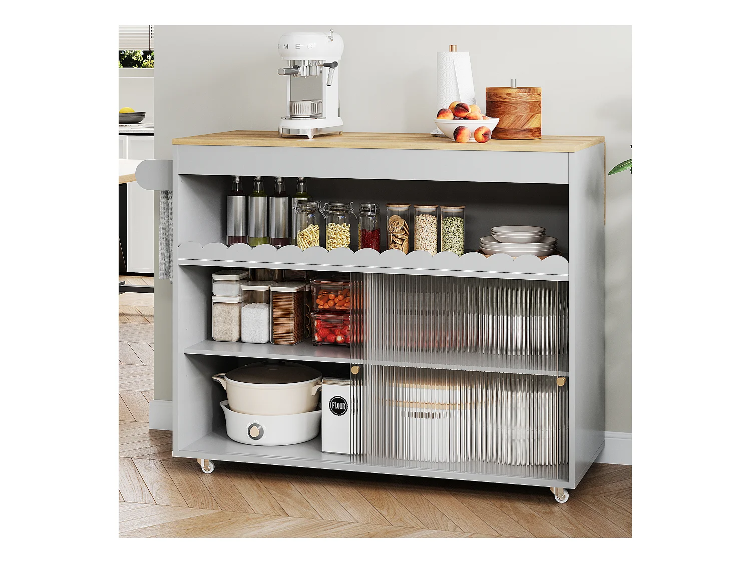 Desserte de cuisine gris avec plateau extensible, 2 portes coulissante en verre trempé et étagères ajustables-122x69x91cm