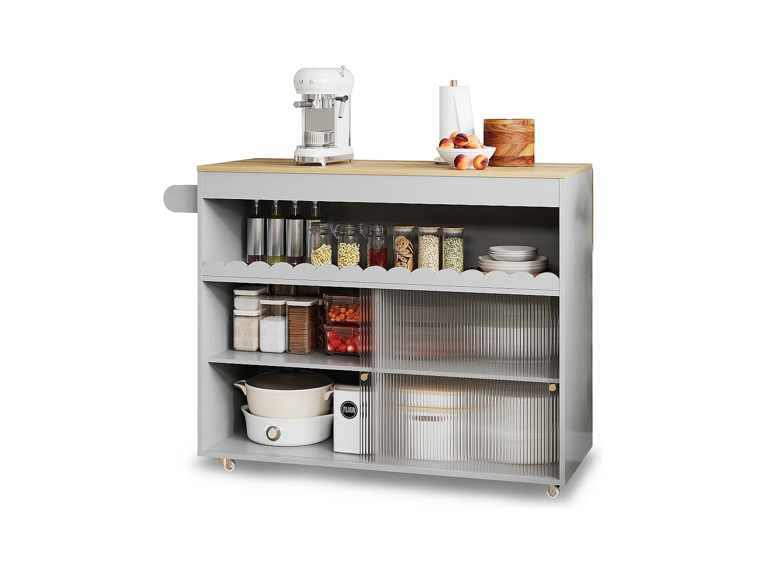 Desserte de cuisine gris avec plateau extensible, 2 portes coulissante en verre trempé et étagères ajustables-122x69x91cm