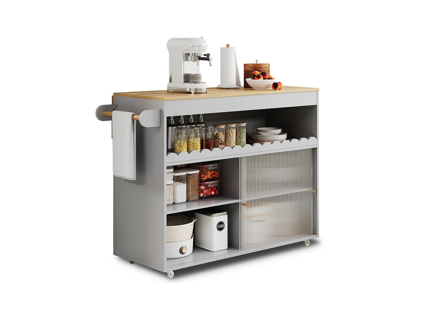 Desserte de cuisine gris avec plateau extensible, 2 portes coulissante en verre trempé et étagères ajustables-122x69x91cm