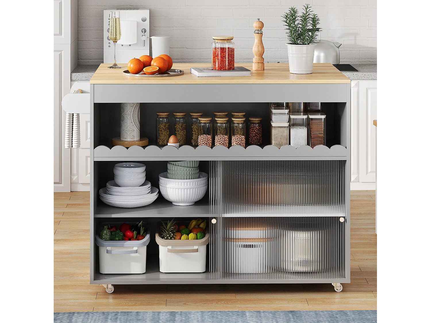 Desserte de cuisine gris avec plateau extensible, 2 portes coulissante en verre trempé et étagères ajustables-122x69x91cm