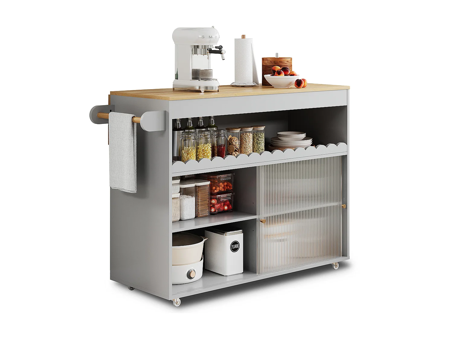 Desserte de cuisine gris avec plateau extensible, 2 portes coulissante en verre trempé et étagères ajustables-122x69x91cm