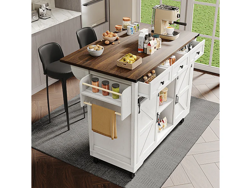 Desserte de cuisine (140x73x94cm)mobile avec tiroirs, armoires coulissantes et roulettes - beige blanc
