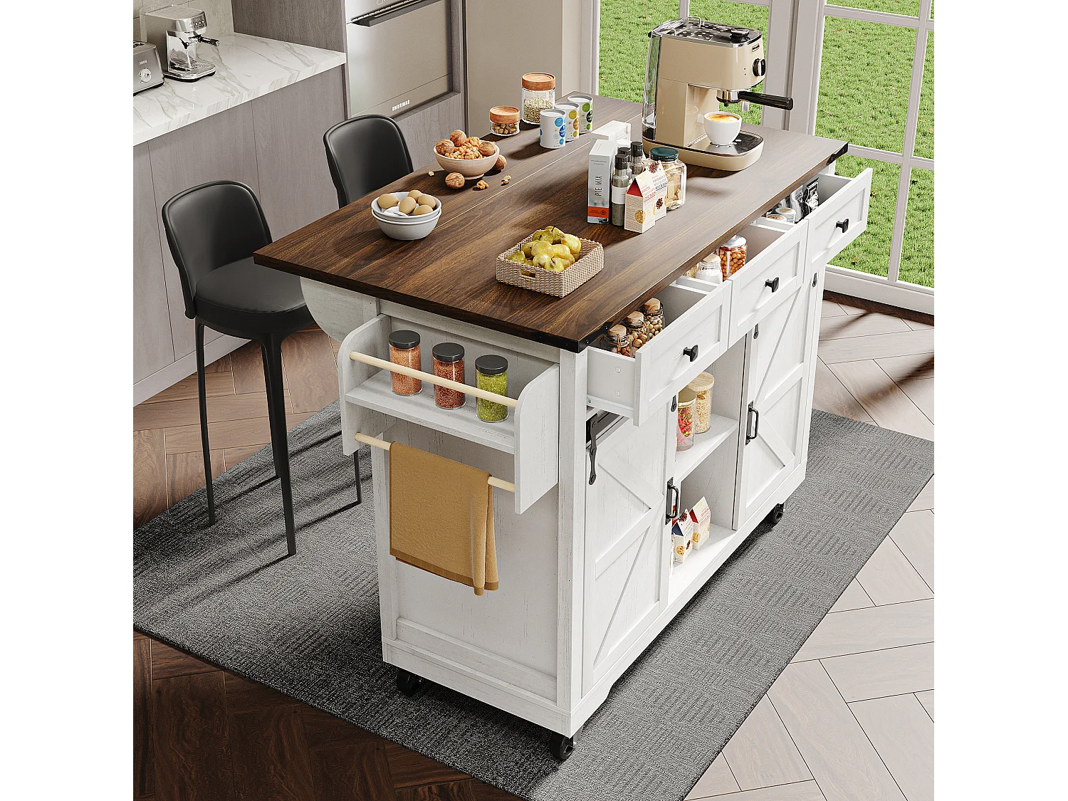Desserte de cuisine (140x73x94cm)mobile avec tiroirs, armoires coulissantes et roulettes - beige blanc