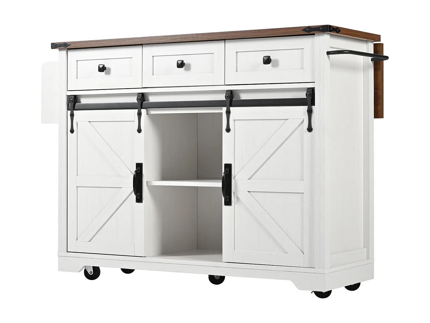 Desserte de cuisine (140x73x94cm)mobile avec tiroirs, armoires coulissantes et roulettes - beige blanc