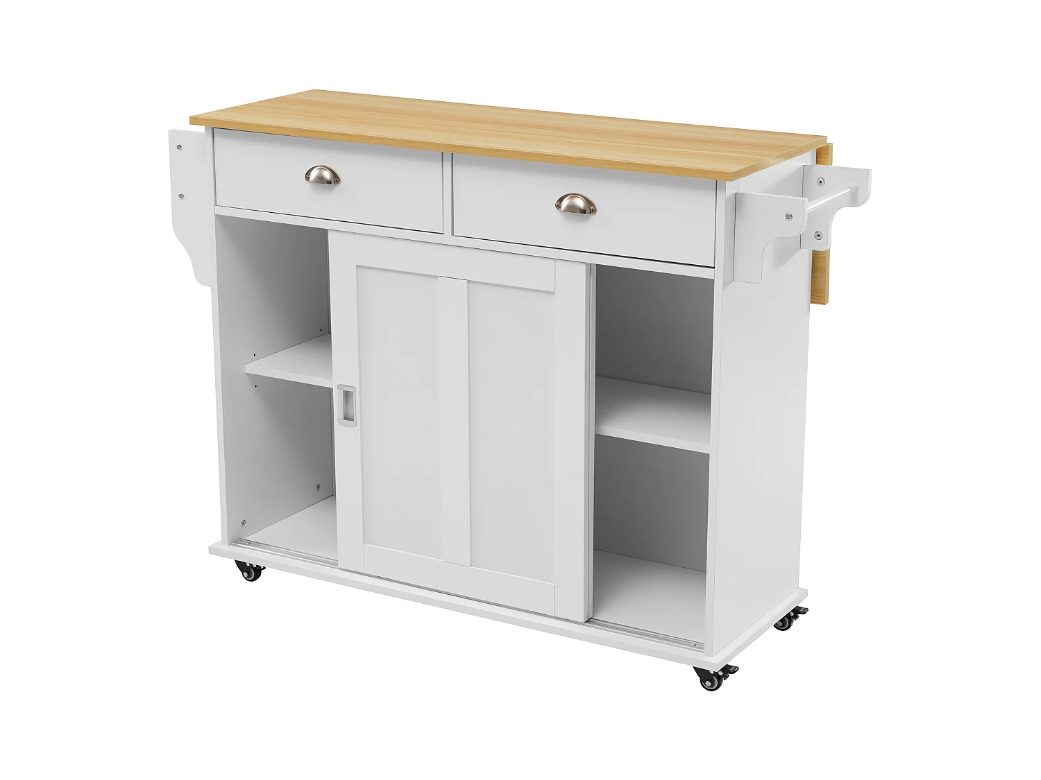 Desserte de cuisine (132.5x70x94cm)extensible blanche avec plateau rabattable, grand rangement modulable et style élégant