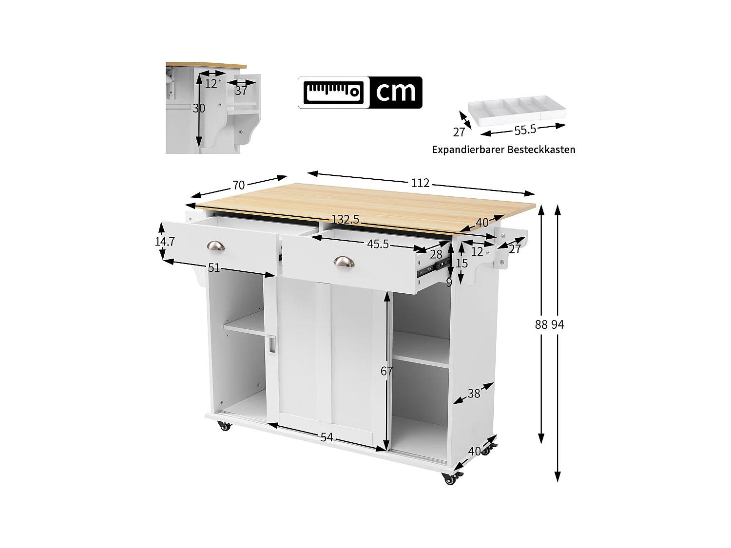 Desserte de cuisine (132.5x70x94cm)extensible blanche avec plateau rabattable, grand rangement modulable et style élégant