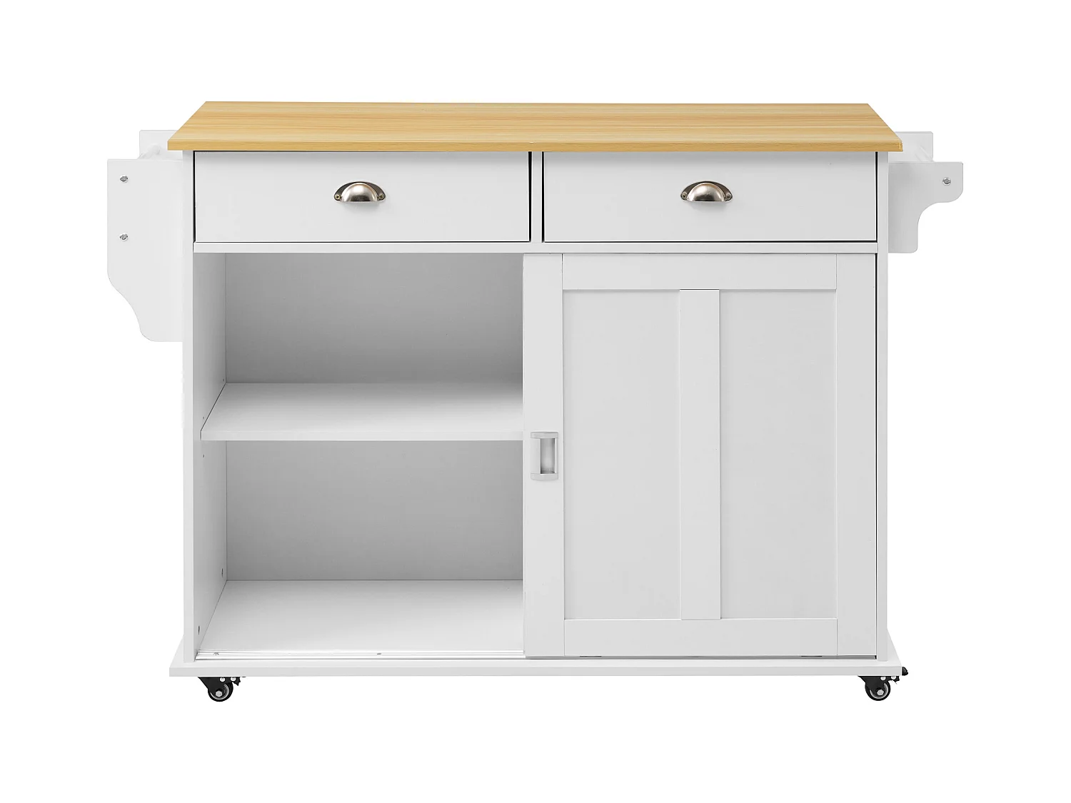 Desserte de cuisine (132.5x70x94cm)extensible blanche avec plateau rabattable, grand rangement modulable et style élégant