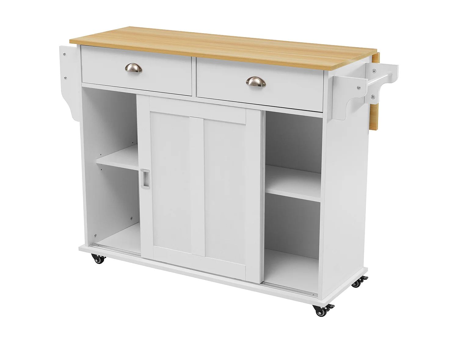 Desserte de cuisine (132.5x70x94cm)extensible blanche avec plateau rabattable, grand rangement modulable et style élégant
