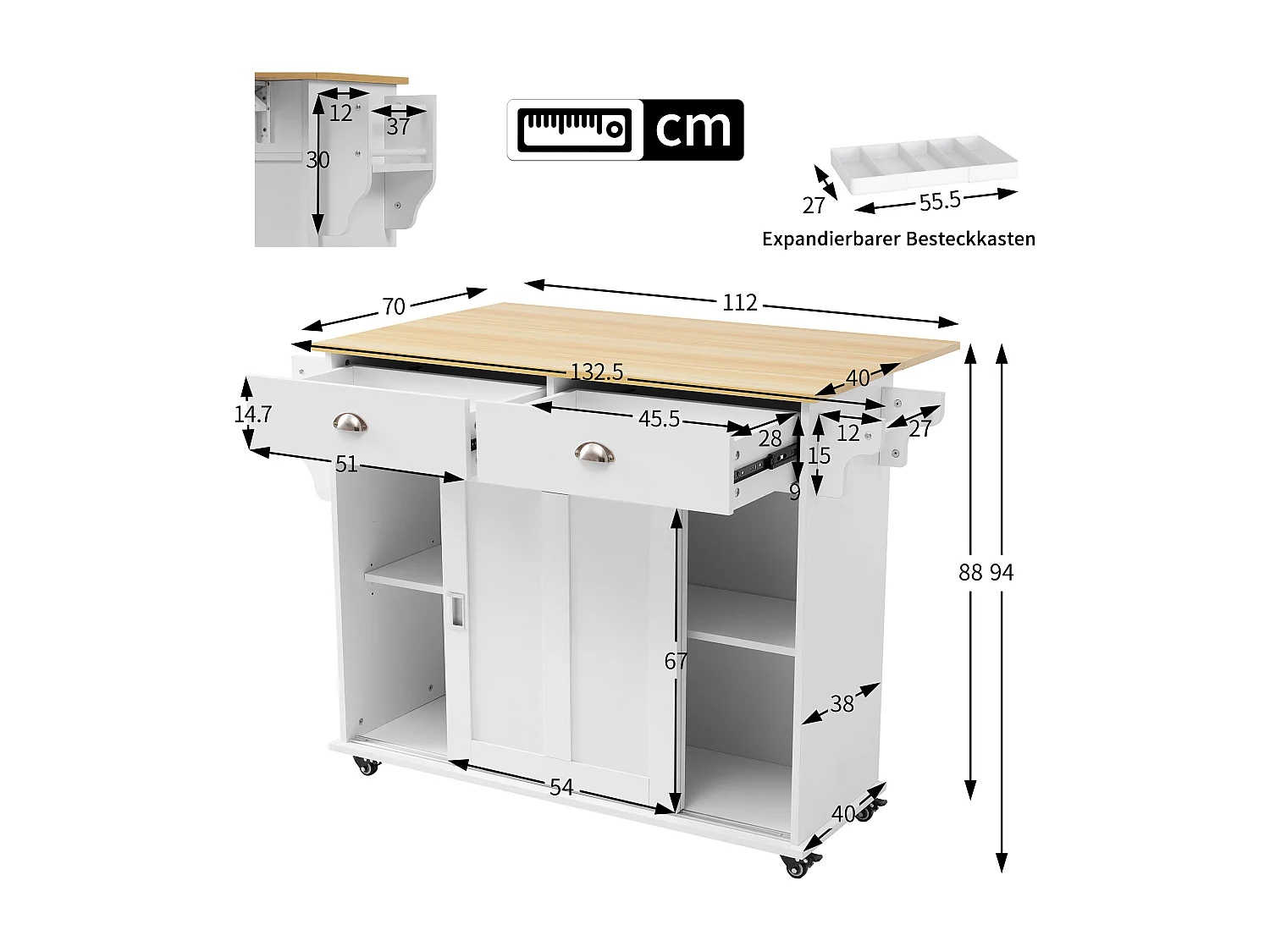 Desserte de cuisine (132.5x70x94cm)extensible blanche avec plateau rabattable, grand rangement modulable et style élégant